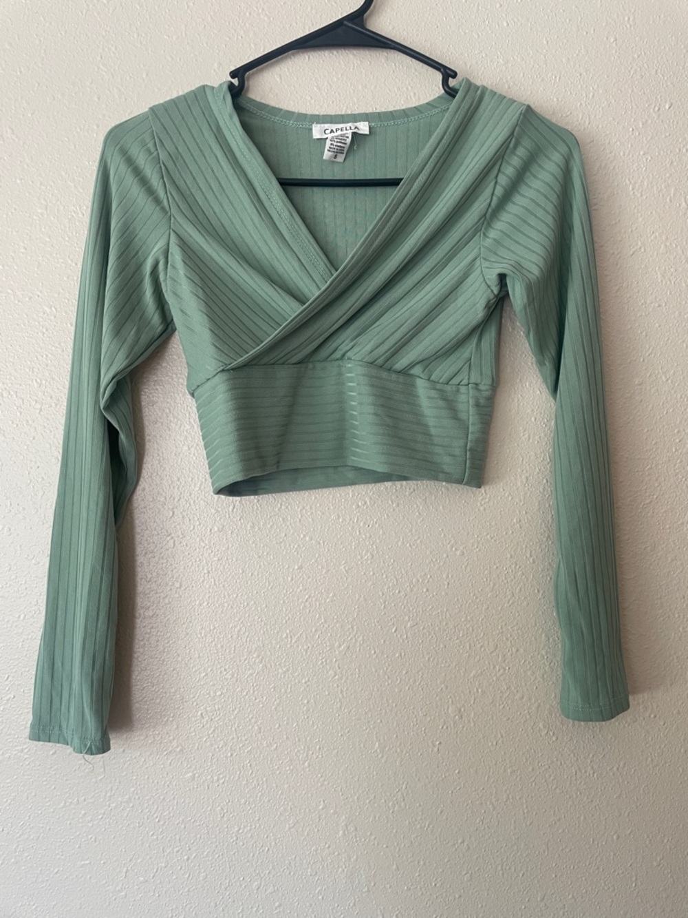 Capella Sage Green Ribbed Wrap-Front Crop Top